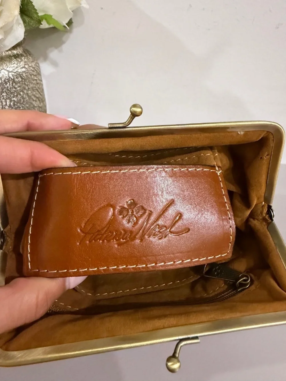Patricia Nash Savena Framed Kisslock Clutch Wristlet Brown Leather Handbag